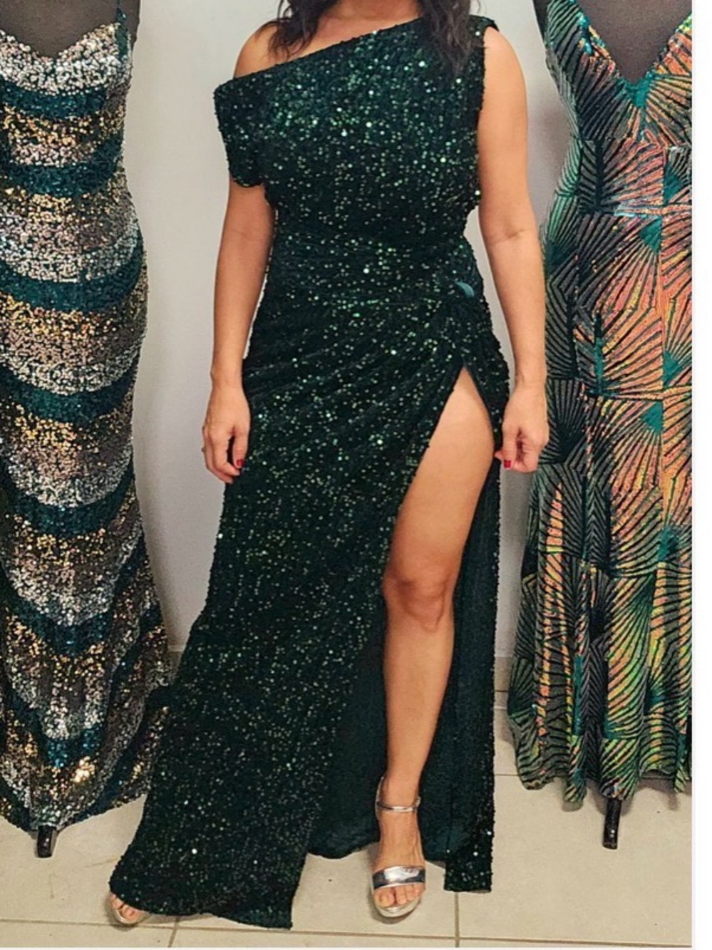 Luxxel One-Shoulder Emerald Sequin Gown with High Slit